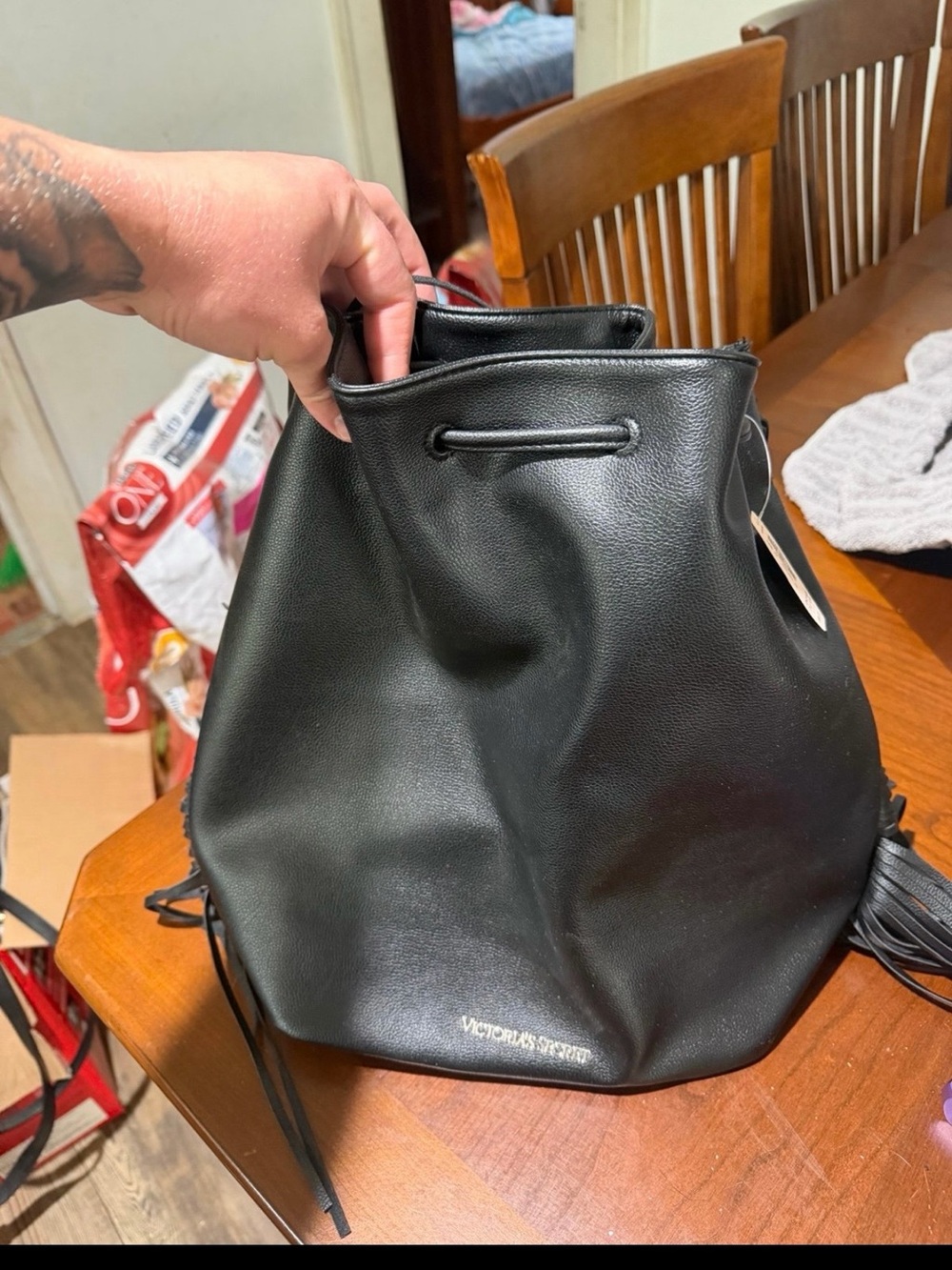 Victoria's Secret Black Faux Leather Drawstring Bucket Bag